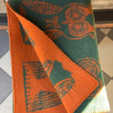 Zaļi/oranža bērnu 100% aitas vilnas sedziņa ar pūcēm 100x140cm